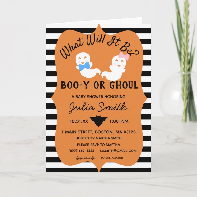 Halloween Gender Reveal Invite, Boo-y or Ghoul Inv Card (Front)