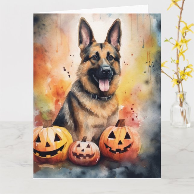 Halloween German Shepherd With Pumpkins Scary  Card (Yellow Flower)