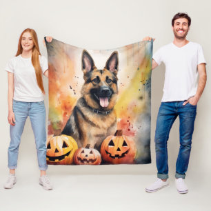 Halloween German Shepherd With Pumpkins Scary Fleece Blanket