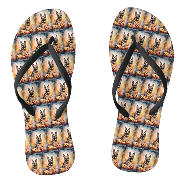 Halloween German Shepherd With Pumpkins Scary  Flip Flops (Footbed)