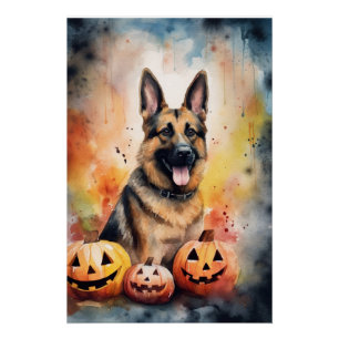 Halloween German Shepherd With Pumpkins Scary  Poster