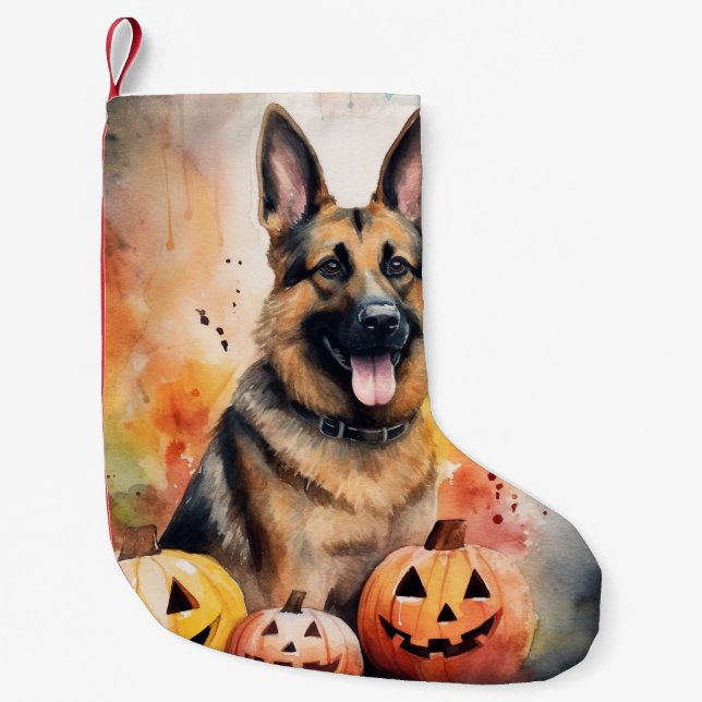 Halloween German Shepherd With Pumpkins Scary  Small Christmas Stocking (Front)
