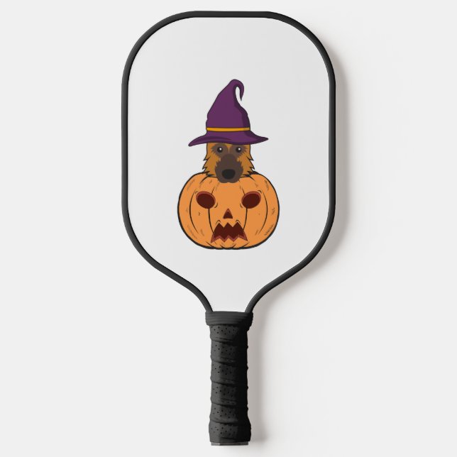 Halloween German Shepherds With Witch Hat Stuck In Pickleball Paddle (Front)