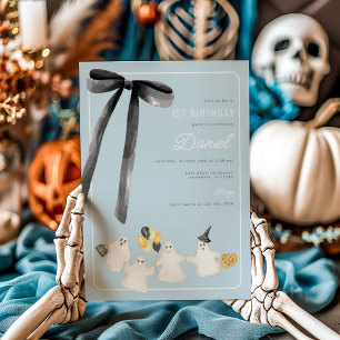 Halloween Ghost and Black Bow Birthday Invitation