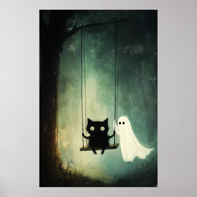 Halloween Ghost and Black Cat on a Swing Poster (Front)