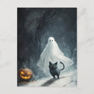 Halloween Ghost and Black Cat Postcard