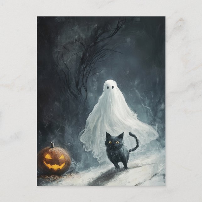 Halloween Ghost and Black Cat  Postcard (Front)