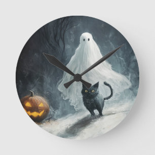 Halloween Ghost and Black Cat  Round Clock