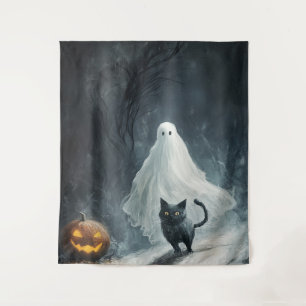 Halloween Ghost and Black Cat Tapestry