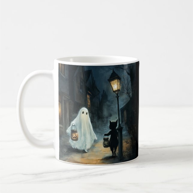 Halloween Ghost and Cat Encounter Coffee Mug (Left)