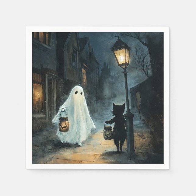 Halloween Ghost and Cat Encounter Napkin (Front)