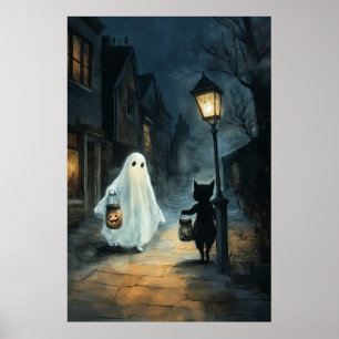 Halloween Ghost and Cat Encounter Poster