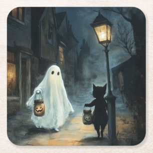 Halloween Ghost and Cat Encounter Square Paper Coaster