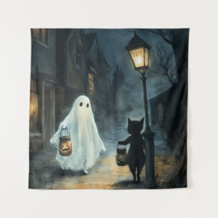 Halloween Ghost and Cat Encounter Tapestry
