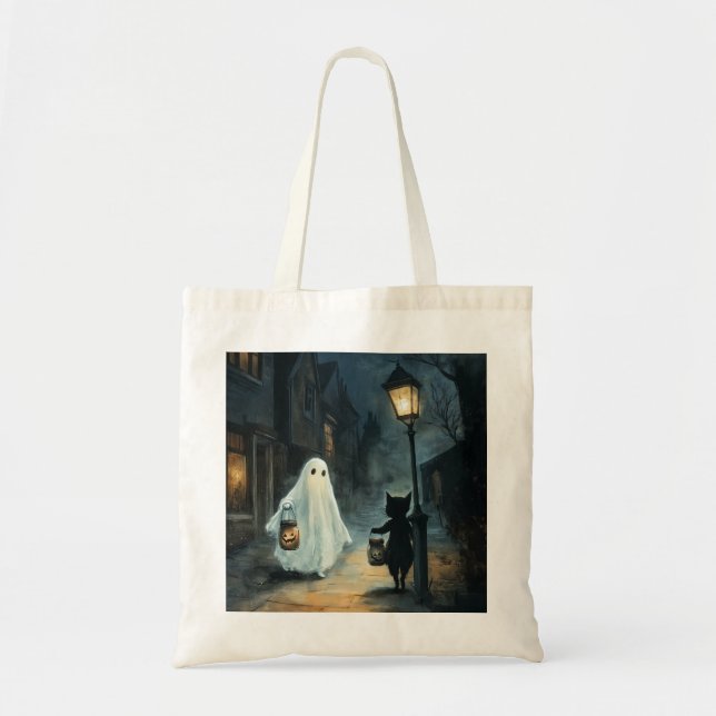 Halloween Ghost and Cat Encounter Tote Bag (Front)
