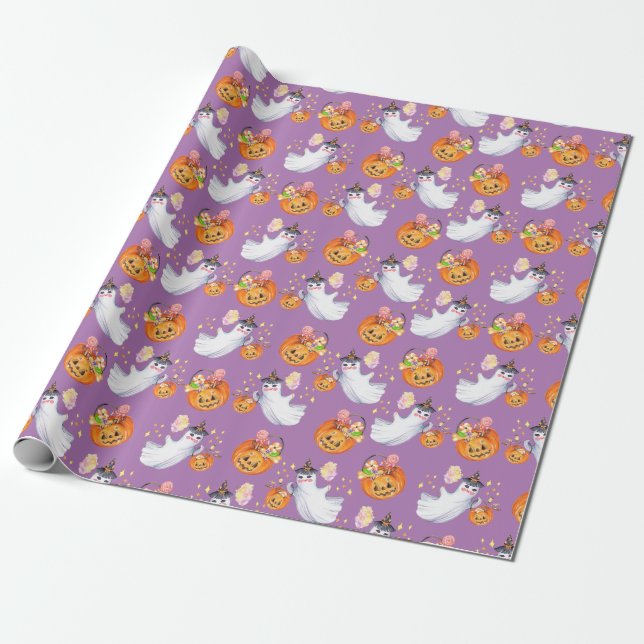 Halloween ghost and sweets seamless pattern wrapping paper (Unrolled)