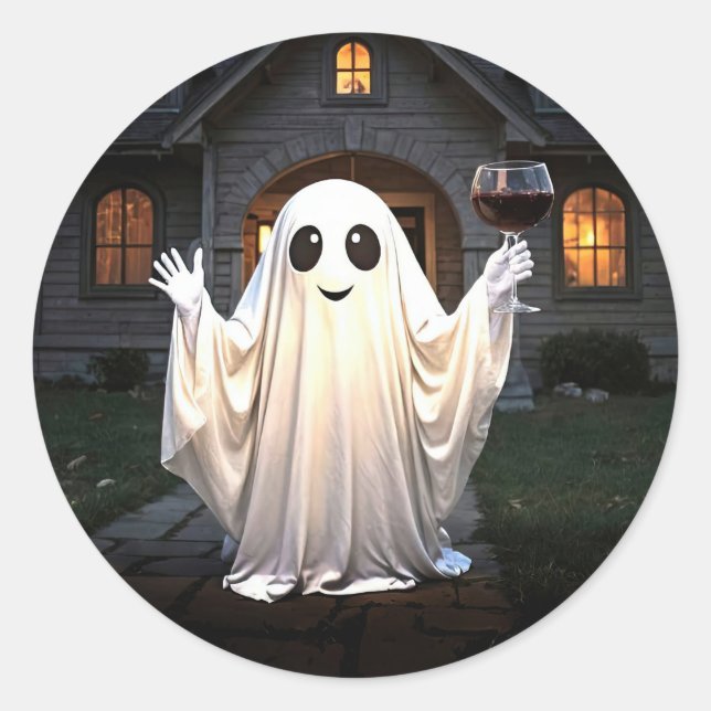 Halloween Ghost and Wine  Classic Round Sticker (Front)