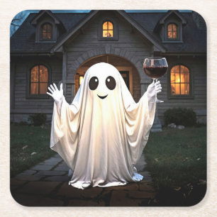 Halloween Ghost and Wine Square Paper Coaster