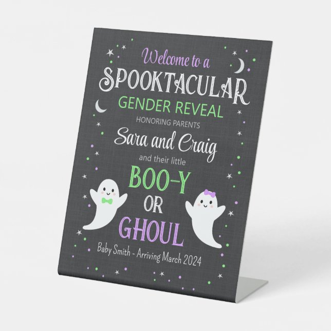 Halloween ghost baby gender reveal  pedestal sign (Front)