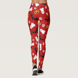 Halloween Ghost Bats And Pumpkins In Red Leggings