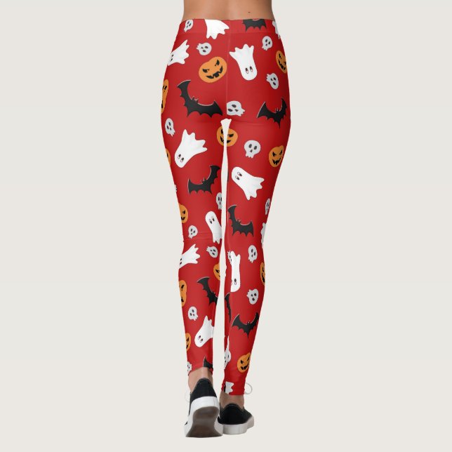 Halloween Ghost Bats And Pumpkins In Red Leggings (Back)