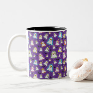Halloween Ghost, Bats, Stars, Confetti on Purple Two-Tone Coffee Mug