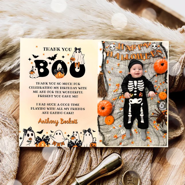 Halloween Ghost Birthday Party Photo Thank You Card (Creator Uploaded)
