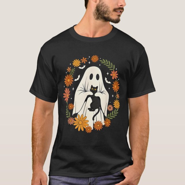 Halloween Ghost Black Cat Cute Funny T-Shirt (Front)