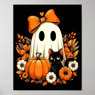 Halloween Ghost Black Cat Floral Groovy Poster
