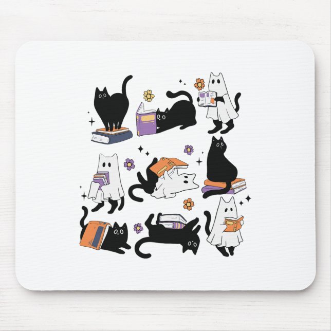 Halloween Ghost Black Cat Reading Book Costume  Mouse Mat (Front)