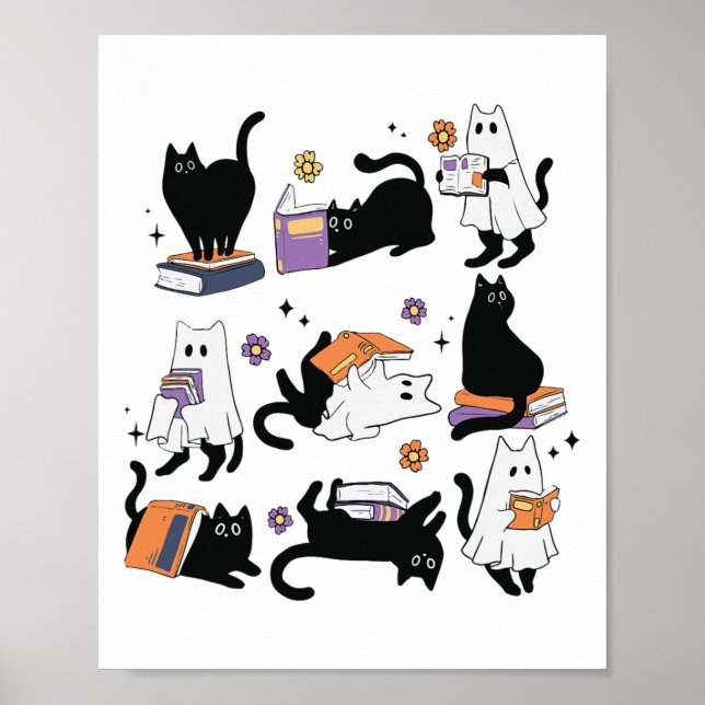 Halloween Ghost Black Cat Reading Book Costume  Poster (Front)