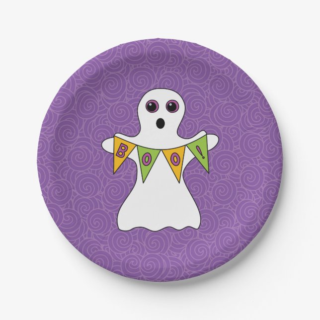 Halloween Ghost Boo Purple Party Paper Plate (Front)