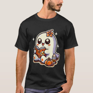 Halloween Ghost Book Coffee Pumpkin Autumn Cute Re T-Shirt