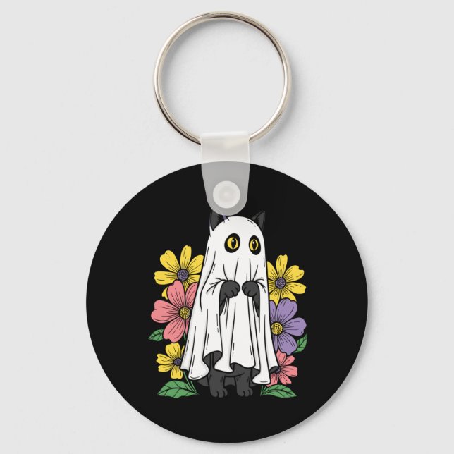 Halloween Ghost Cat Cute Black Cat Flowers Key Ring (Front)