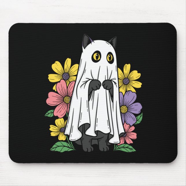 Halloween Ghost Cat Cute Black Cat Flowers Mouse Mat (Front)