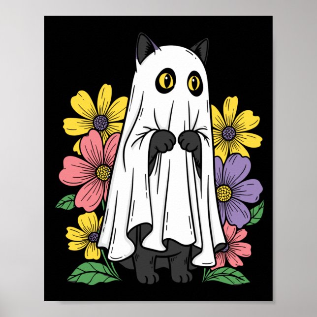 Halloween Ghost Cat Cute Black Cat Flowers Poster (Front)