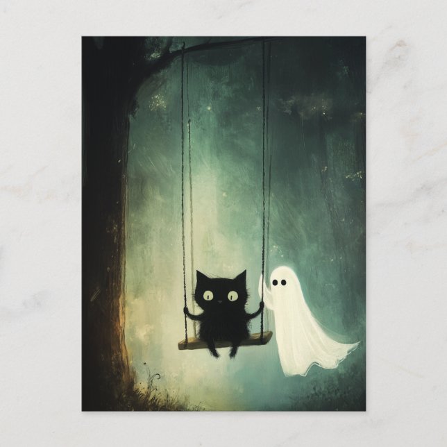 Halloween Ghost, Cat on Swing Postcard (Front)