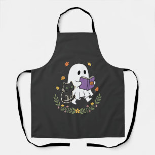 Halloween Ghost Cat Reading Book Floral Design_1 Apron