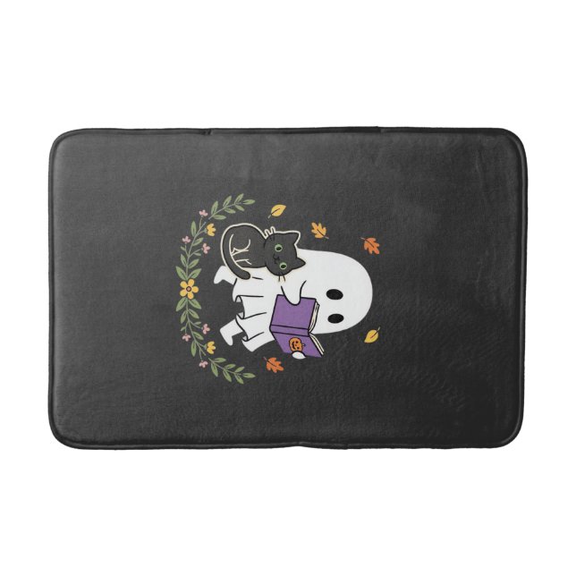 Halloween Ghost Cat Reading Book Floral Design_1 Bath Mat (Front)