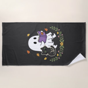Halloween Ghost Cat Reading Book Floral Design_1 Beach Towel