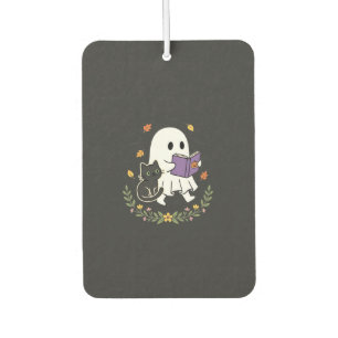 Halloween Ghost Cat Reading Book Floral Design_1 Car Air Freshener