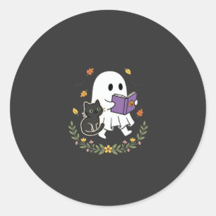 Halloween Ghost Cat Reading Book Floral Design_1 Classic Round Sticker