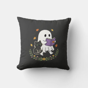 Halloween Ghost Cat Reading Book Floral Design_1 Cushion
