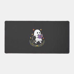 Halloween Ghost Cat Reading Book Floral Design_1 Desk Mat