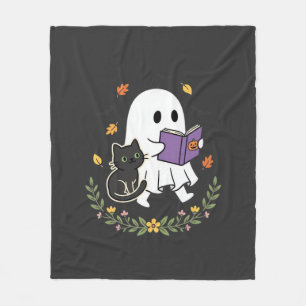 Halloween Ghost Cat Reading Book Floral Design_1 Fleece Blanket