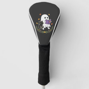 Halloween Ghost Cat Reading Book Floral Design_1 Golf Head Cover