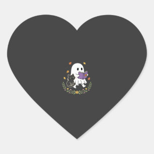 Halloween Ghost Cat Reading Book Floral Design_1 Heart Sticker