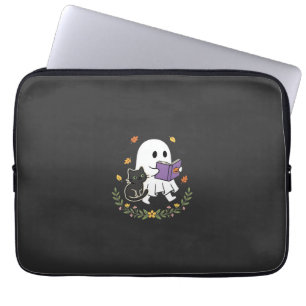 Halloween Ghost Cat Reading Book Floral Design_1 Laptop Sleeve