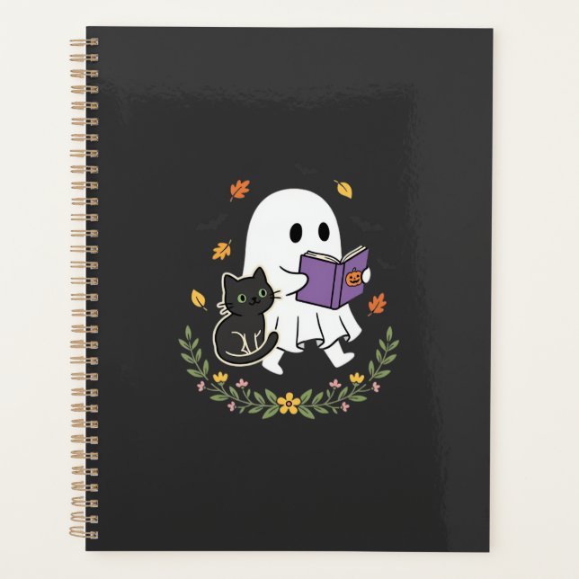 Halloween Ghost Cat Reading Book Floral Design_1 Planner (Front)