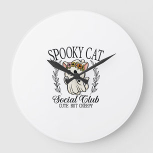 Halloween Ghost Cat Social Club Retro Creepy Cute Large Clock